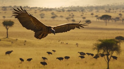 A vulture circling high above the African savannah, searching for its next meal.