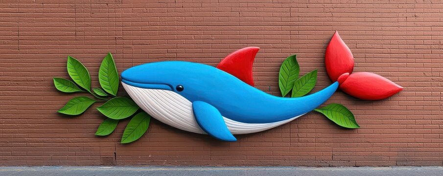 World Whale Day concept, Vibrant mural of a blue whale surrounded by colorful leaves on a textured wall. - Powered by Adobe