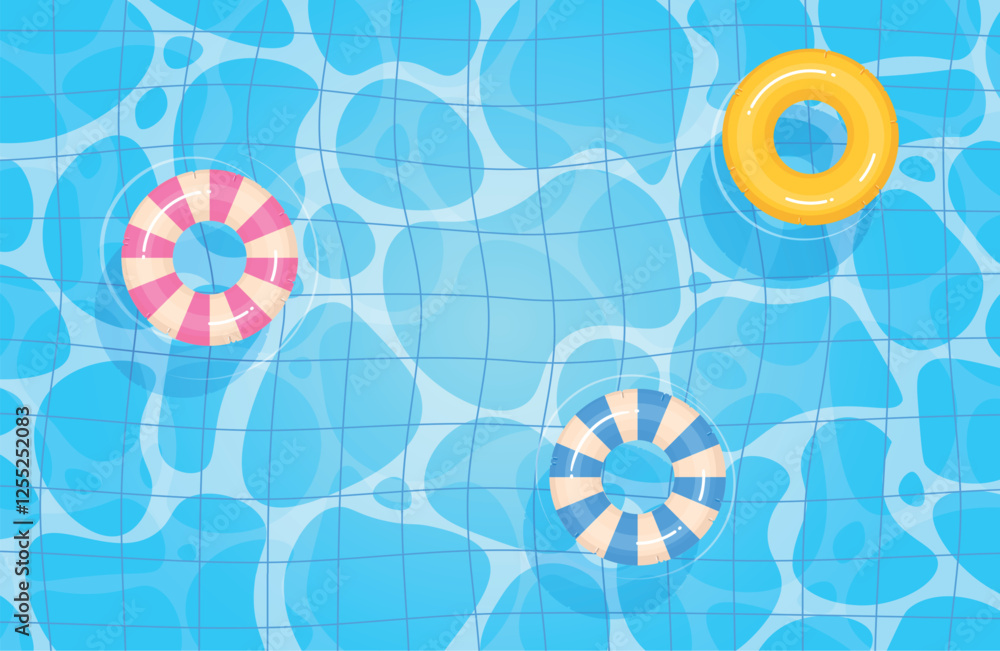 Wall mural summer water pool top view. tubes float on waves. frame with copy space for text. background design.