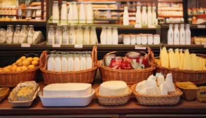 Fototapeta premium Defocused Fresh dairy products and baked goods on display in a local market