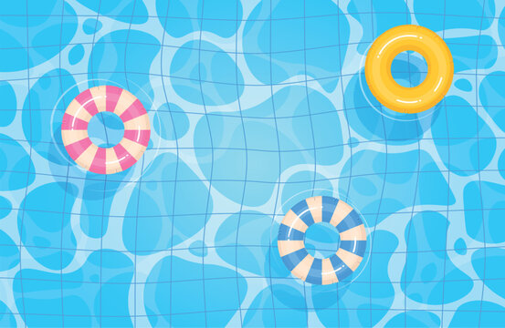 Summer water pool top view. Tubes float on waves. Frame with copy space for text. Background design. Swimming inflatable ring. Blue surface. Cartoon flat style isolated vector concept