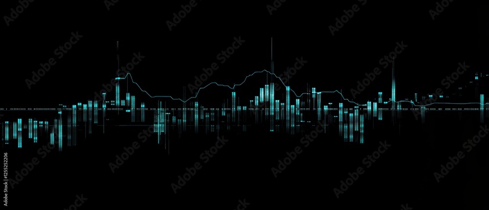 Poster market analysis and financial data visualization with stock chart trends, showing digital technology