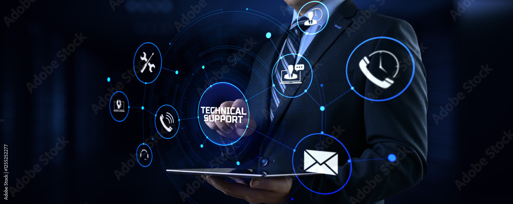 Poster technical support customer service concept. businessman pressing button on screen.