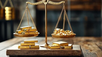 Weighty Matters: Gold bars and coins are meticulously balanced on a classic scale, symbolizing the concepts of wealth, valuation, and equitable transactions within the financial sector.