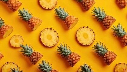 Vibrant arrangement of pineapples and slices on a bold yellow background
