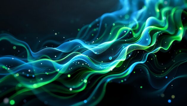 Luminous digital flow of data streams in shades of blue and green