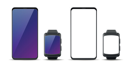 Smartphone and smartwatch layout. Realistic isolated smartphone and sport smartwatch. Empty white device screen, application mockup. 3d technology, wristband interface elements. Vector set