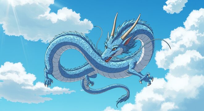 A blue eastern dragon soars gracefully among fluffy white clouds