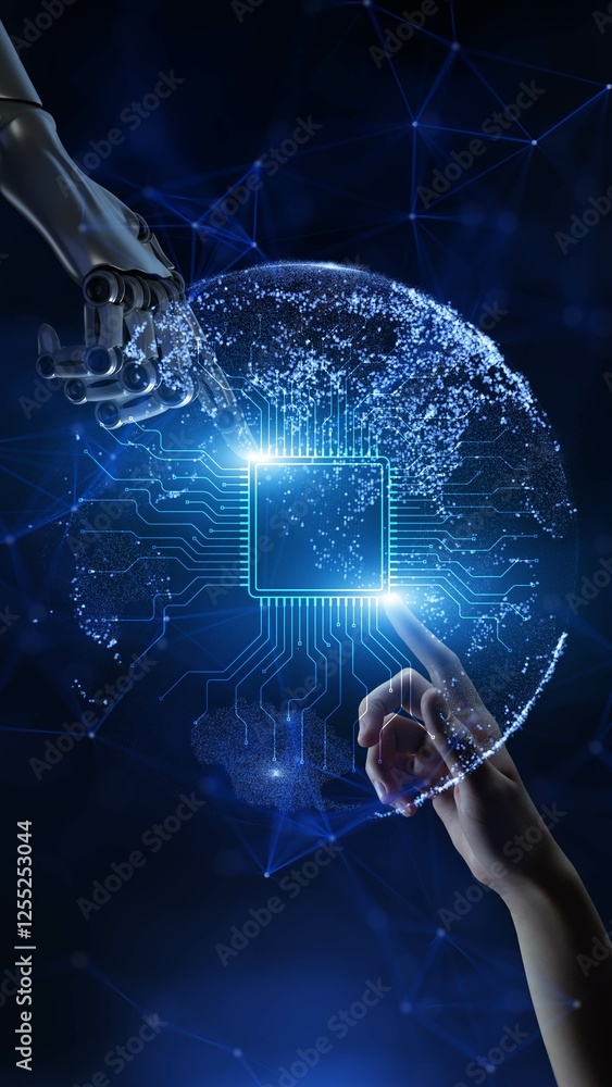 Poster collaboration between human and robot in digital network sphere.
