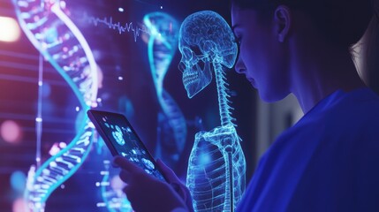 Medical professional analyzing digital data with 3D hologram of DNA and skeleton, showcasing advancements in healthcare technology and patient diagnostics.
