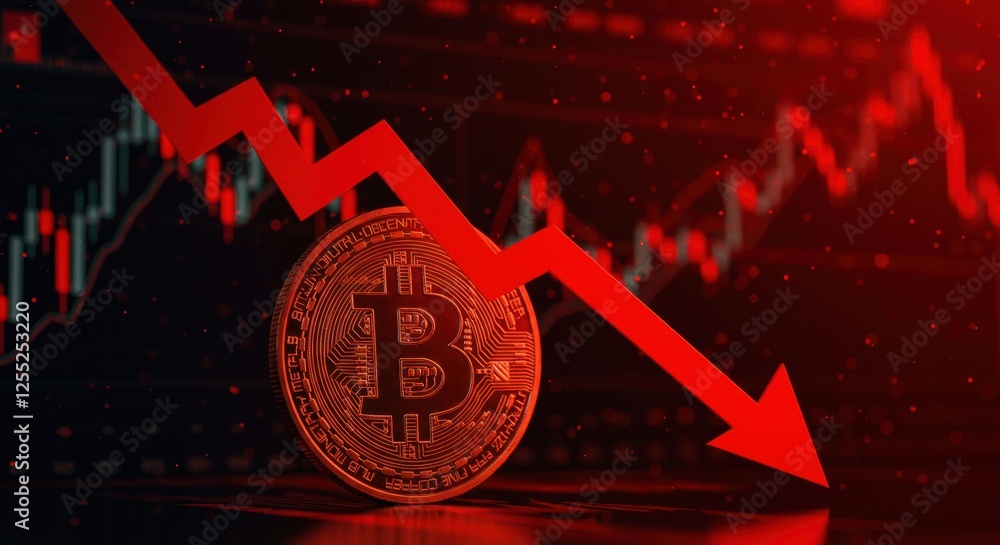 Poster bitcoin value decline with red downward arrow and financial graph in background
