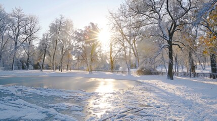 Winter Wonderland: Sunlit Snow-Covered Park with Frozen Pond