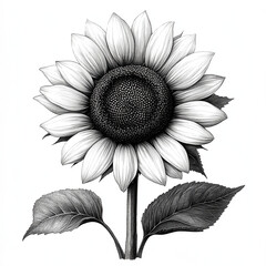 artwork illustrating a detailed sunflower in black and white with intricate leaf designs and layered petals. Generative AI