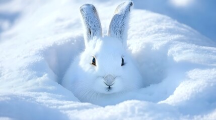 A photo of a well-hidden arctic hare, its white fur blending into the snowdrifts