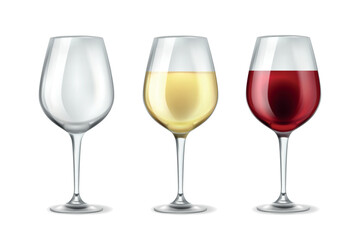 Set of wine glasses with red and white wine. Realistic transparent glassware for alcohol grape beverage, cocktails. Empty and full goblets with red and white cold drinks. Vector 3d concept