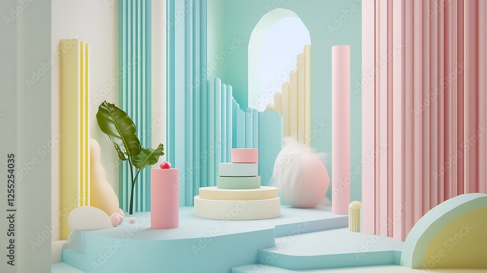 Poster pastel color aesthetic display with plants, podiums and archway. possible use product showcase