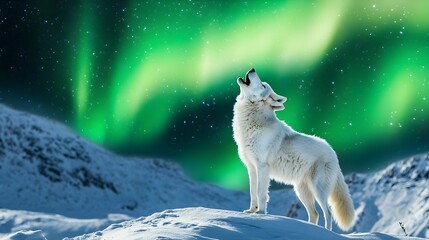 A white wolf howling against the backdrop of the Northern Lights.