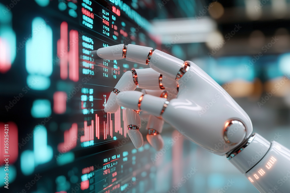 Poster a translucent robotic hand made of soft glowing lines interacts delicately with ai-generated market 