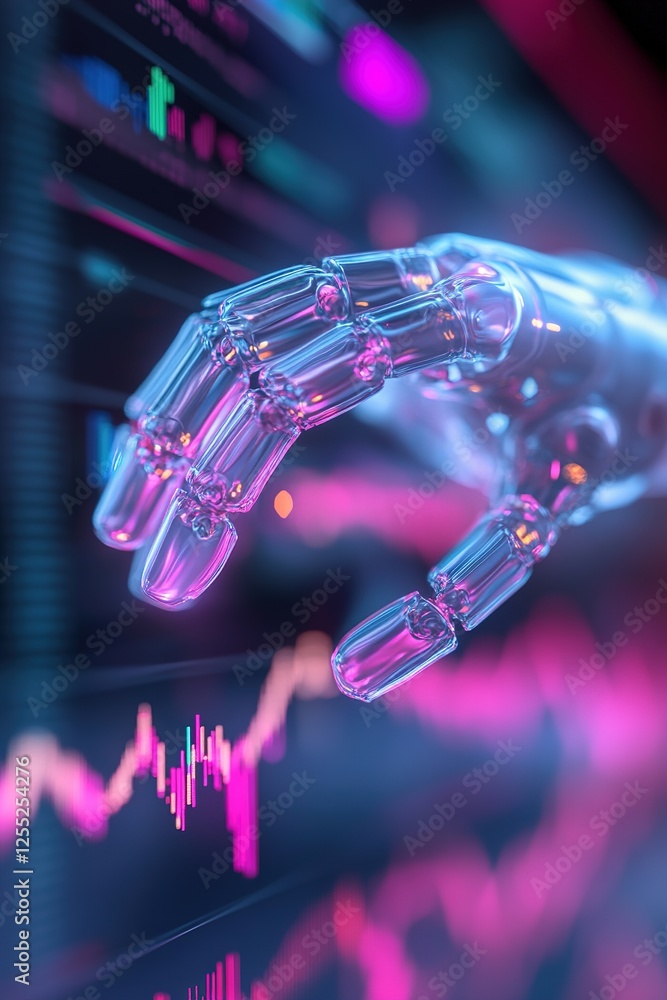 Poster a translucent robotic hand made of glowing lines delicately modifies fluctuating market charts and c