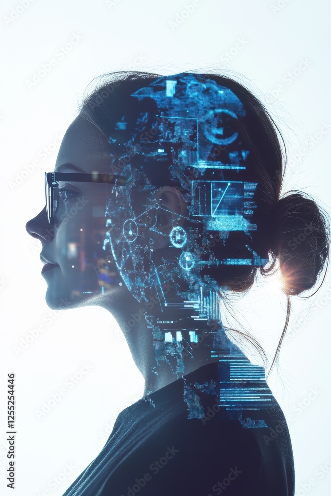 Poster mind, technology and digital transformation represented through a womans silhouette with data visual