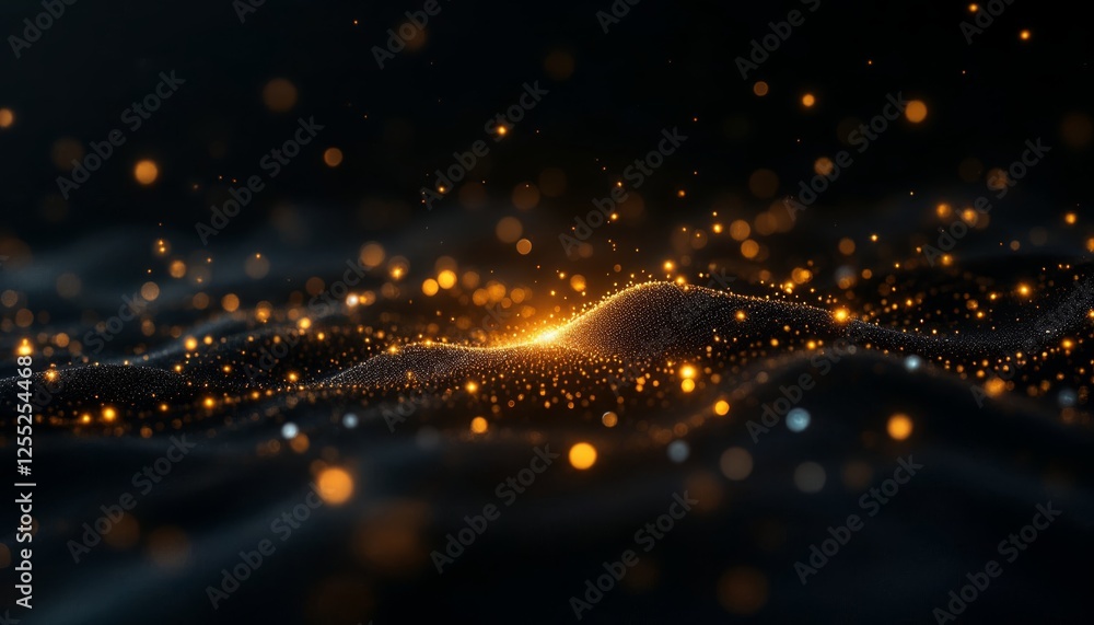 Poster luminous golden particles flowing across a dark dynamic surface