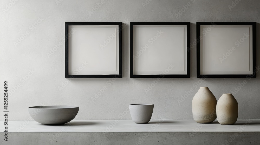 Poster minimalist decor with empty picture frames on wall and modern pottery vases on table, creating styli