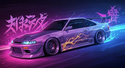 Sleek purple car with flame decals on a vibrant background