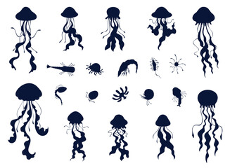Set jellyfish and plankton silhouettes. Water ocean animals, underwater tropical fish, icon or logo design. Exotic sea creatures. Marine graphic design. Vector flat isolated black illustration © YummyBuum