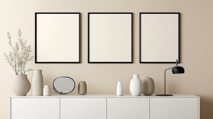 Minimalist home decor featuring three empty frames on a wall, modern vases, and a stylish lamp on a white cabinet. Perfect for interior design inspiration.