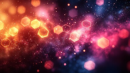Fototapeta premium Vibrant abstract background with glowing hexagonal shapes and bokeh effects, ideal for technology, creativity, or festive themes.