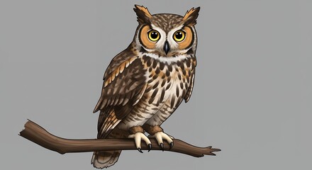 Illustrated great horned owl perched on a brown branch