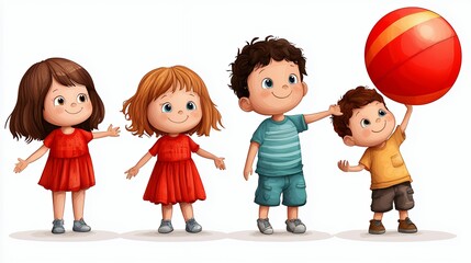 Happy Children Playing Together with a Red Ball on White Background