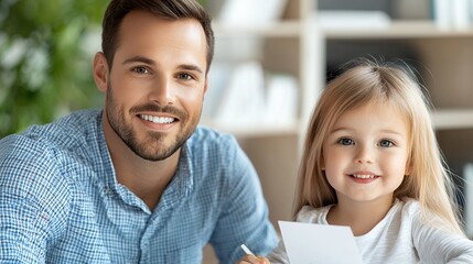 Obraz premium Father and Daughter Smiling Together While Drawing at Home