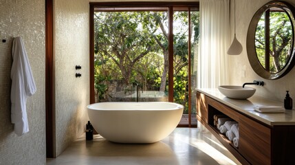 Fototapeta premium Modern bathroom design featuring a freestanding bathtub, large windows with a garden view, minimalist decor, and stylish fixtures for a relaxing atmosphere.