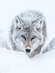 Obraz premium A wolf with frost-covered fur walking through the deep snow under a starry sky.