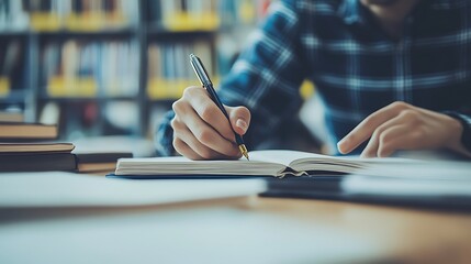 Person writing in library, focused study session, books, studying, learning, education,  possible use for back to school/study