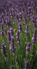 Obraz premium Beautiful lavender field with bees pollinating vibrant purple blossoms on a sunny day