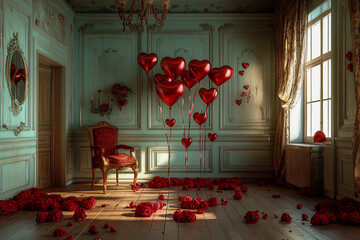 A romantic Valentine's Day room decorated with red roses and heart-shaped balloons.