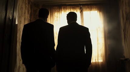 Two men in suits looking out window in a derelict room. Potential use Stock photo for articles on loneliness, isolation, or change