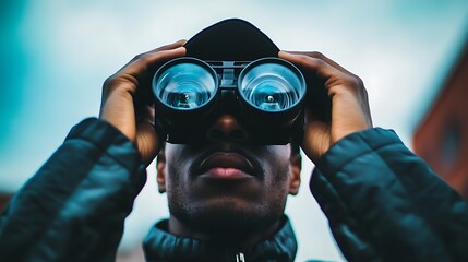 Man looking through binoculars outdoors. Possible use stock photo for articles about outdoor activities or technology