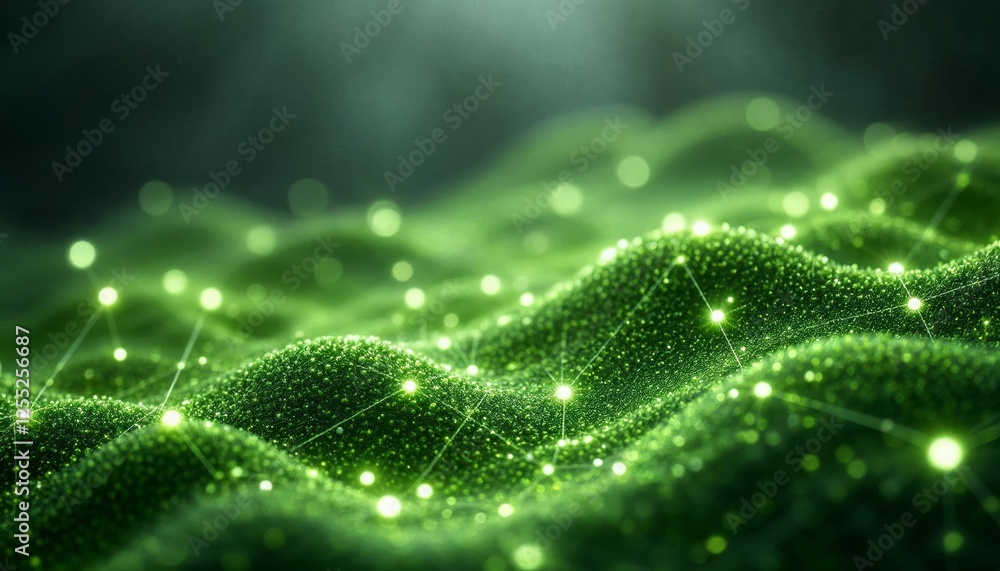 Poster luminous green hills linked by glowing network abstract visualization