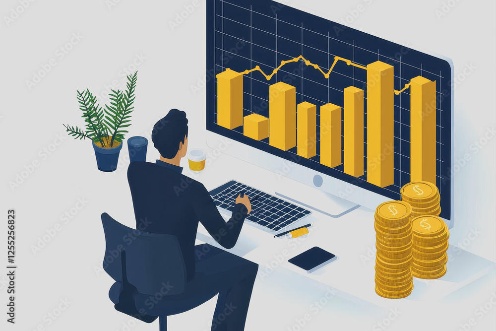 Poster man sitting at desk with laptop and stack of coins analyzing financial data and budgeting for invest