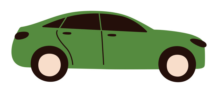 Vector illustration of green car in minimalist and flat cartoon style. Simple side view with rounded shapes and modern look, doodle automobile icon, roid safety, transportation, and travel concept