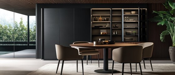 Modern dining room interior design featuring a wooden table, elegant chairs, and contemporary shelving. Stylish decor, natural light, and greenery enhance ambiance.