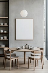 Modern dining space featuring a wooden table with minimalist decor, stylish chairs, and a neutral color palette. Ideal for interior design and home staging.