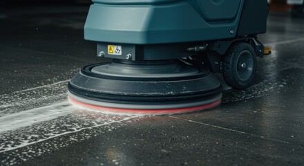 Fototapeta premium Industrial floor cleaning machine scrubbing concrete surface with soap and water