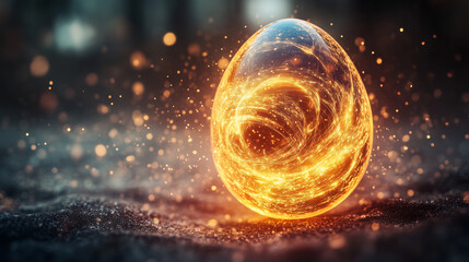 Easter egg with swirling light patterns, surrounded by tiny floating particles in a minimalistic high-tech setting