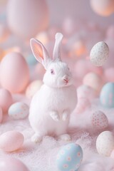 A white rabbit stands gracefully in a mystical meadow, its fur adorned with softly glowing floral patterns. Floating Easter eggs, radiating warm light, surround it, creating an enchanting atmosphere