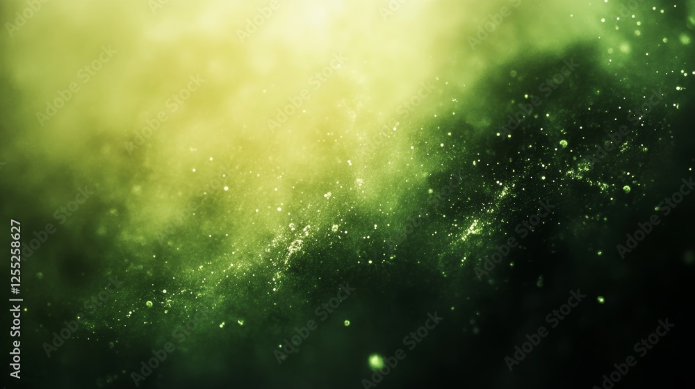 Poster Abstract Sparkling Green Dust Particles and Smoke on Black Background, Magic Twilight Design