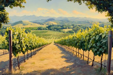 Naklejka premium Peaceful Countryside Vineyard with Grapevines and Lush Green Landscape.